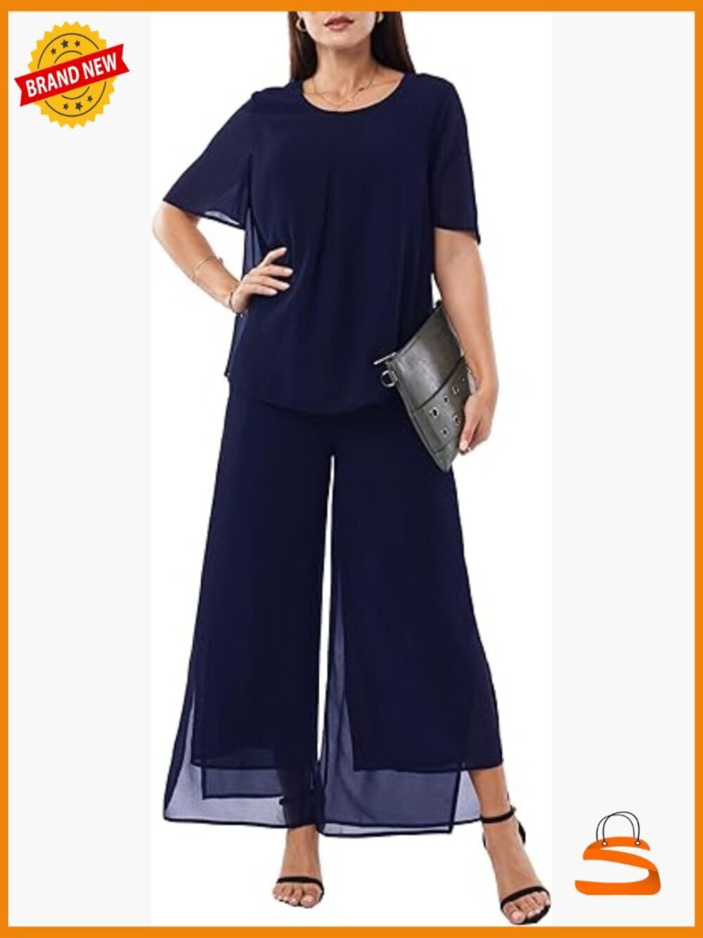 Chiffon Palazzo Pant Suit Set - Flowy Ruffle Blouse & Wide Leg Pants